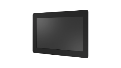 100% flat-front 12.1" industrial touch monitor with an ultra-thin profile, smooth rounded corners, and a rugged glass front for a modern look.
